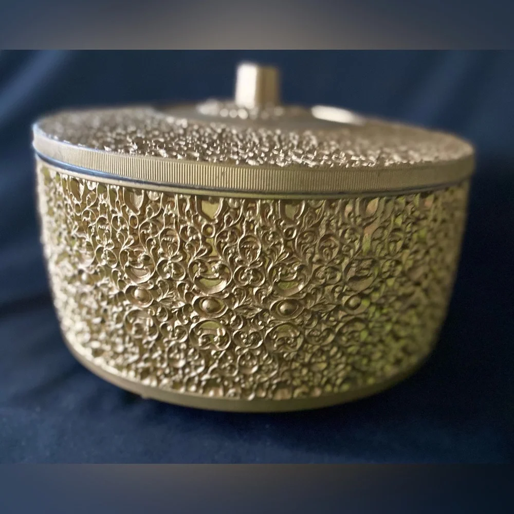Vintage MCM Ornate Gold Hollywood Regency Round Lidded Storage Sewing Box